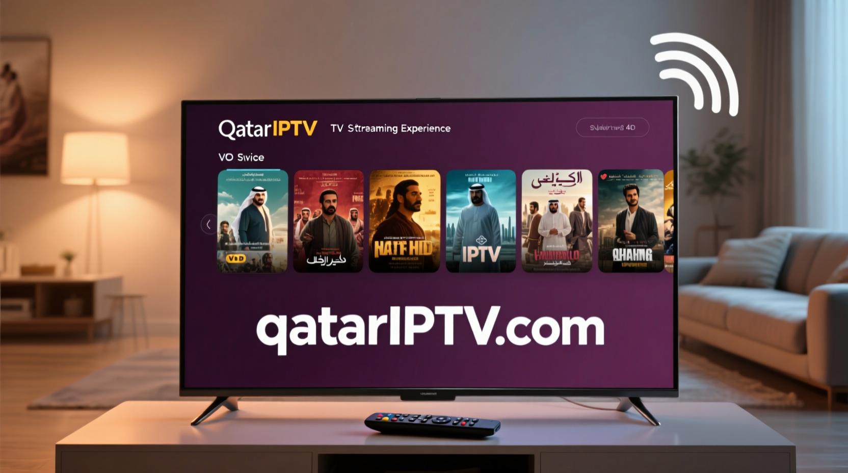 A family comfortably enjoying a movie night using Qatar IPTV on a large screen TV.
