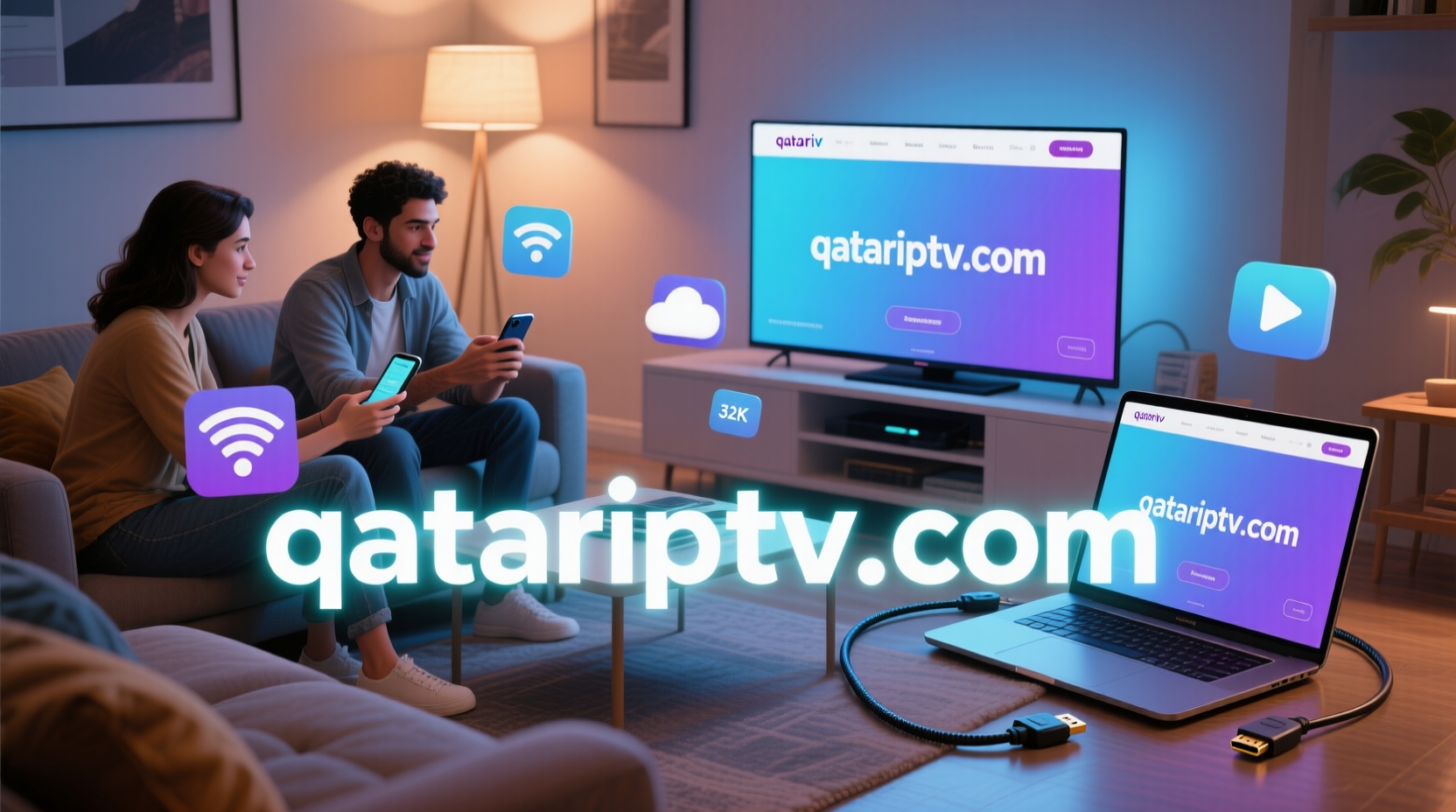 A technician troubleshooting a streaming device, with a QatarIPTV logo subtly in the background.